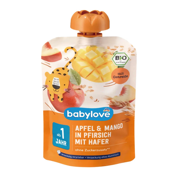BabyLove Organic Pouch Puree Peach Apple Mango with Oats 100g – Organic vegan fruit puree with oats for babies aged 1+, no added sugar
