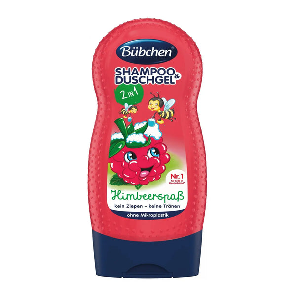 Bübchen Kids 2in1 Shampoo & Shower Gel Raspberry Fun, gentle formula for kids' hair and skin, with a fruity raspberry scent. Safe and mild for everyday use.