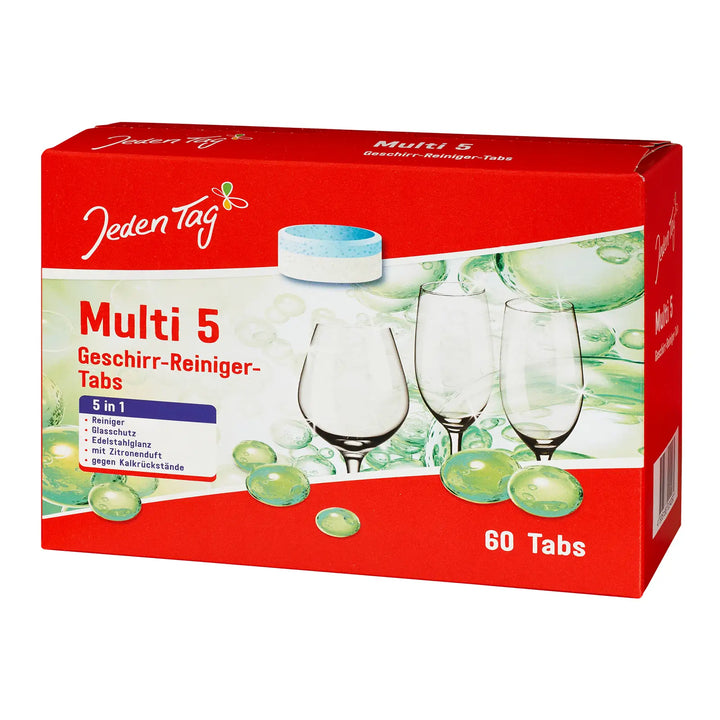 Jeden Tag 5in1 Dishwasher Detergent Tablets - 60 tablets for effective cleaning, stain removal, shine, and protection in every wash.