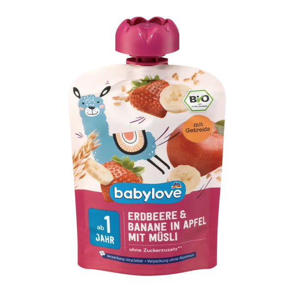 BabyLove Organic Pouch Puree Apple Strawberry Banana Muesli 100g – Organic vegan fruit puree with muesli for babies aged 1+, no added sugar