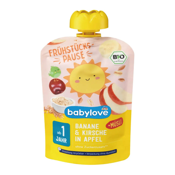 BabyLove Organic Pouch Breakfast Apple Banana Cherry Muesli 100g – Organic vegan baby breakfast puree with fruits and muesli for age 1+, no added sugar