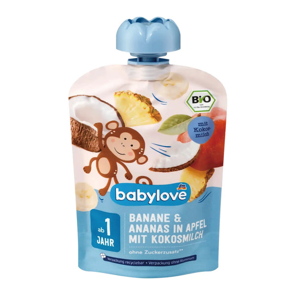 BabyLove Organic Pouch Puree Apple Banana Pineapple with Coconut Milk 100g – Organic vegan fruit puree with coconut milk for babies aged 1+, no added sugar
