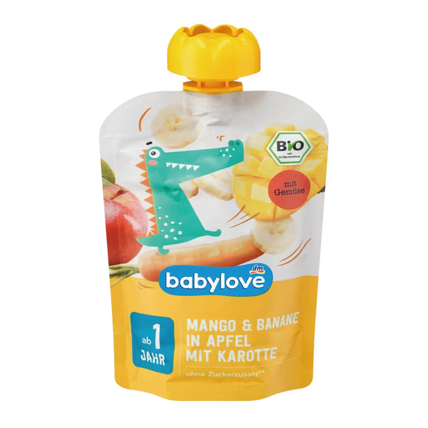 BabyLove Organic Pouch Puree Apple Carrot Mango Banana 100g – Organic vegan fruit and vegetable puree for babies aged 1+, no added sugar
