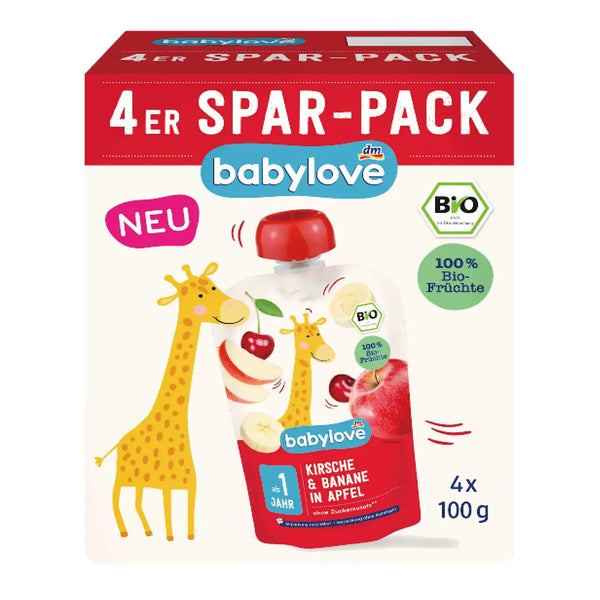 BabyLove Organic Pouch Puree Apple Cherry Banana 4x100g – Organic vegan fruit puree for babies aged 1+, no added sugar, convenient 4-pack