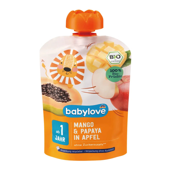 BabyLove Organic Pouch Puree Apple Mango Papaya 100g – Organic vegan fruit puree for babies aged 1+, no added sugar