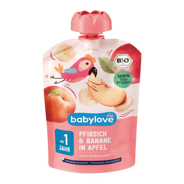BabyLove Organic Pouch Puree Apple Peach Banana 100g – Organic vegan fruit puree for babies aged 1+, no added sugar