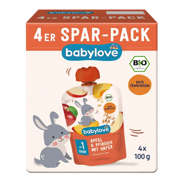 BabyLove Organic Pouch Puree Apple Peach Oats 4x100g – Organic vegan fruit puree with oats for babies aged 1+, no added sugar, convenient 4-pack