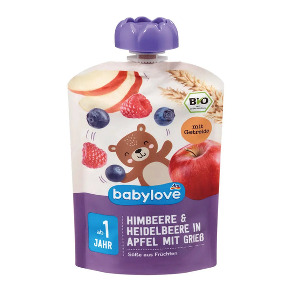 BabyLove Organic Pouch Puree Apple Raspberry Blueberry Semolina 100g – Organic vegan fruit puree with semolina for babies aged 1+, no added sugar
