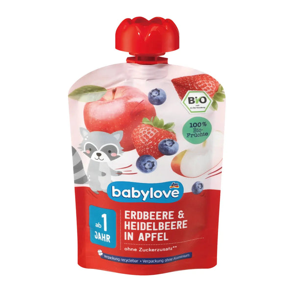 BabyLove Organic Pouch Puree Apple Strawberry Blueberry 100g – Organic vegan fruit puree for babies aged 1+, no added sugar