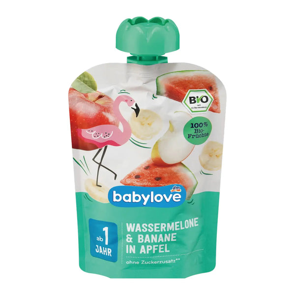 BabyLove Organic Pouch Puree Apple Watermelon Banana 100g – Organic vegan fruit puree for babies aged 1+, no added sugar
