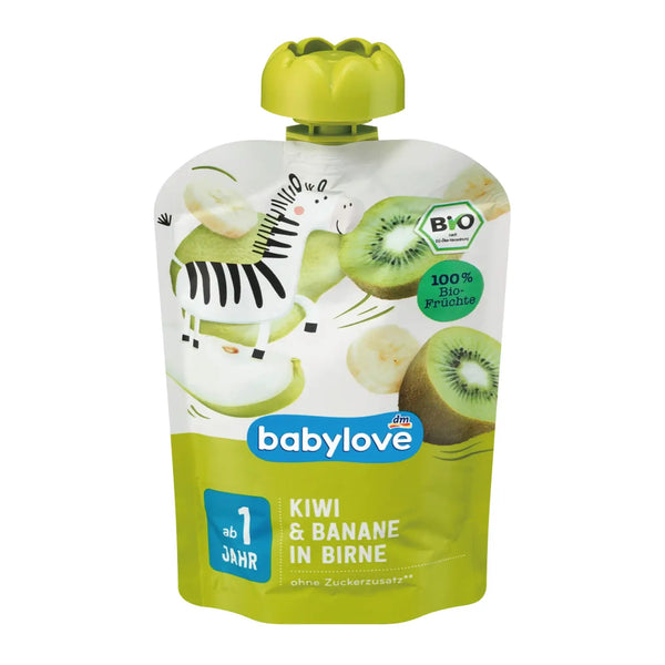 BabyLove Organic Pouch Puree Pear Kiwi Banana 100g – Organic vegan fruit puree for babies aged 1+, with pear, kiwi and banana, no added sugar