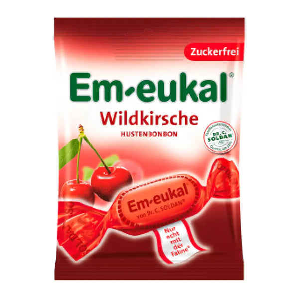 Em-Eukal Wild Cherry Throat Lozenges Sugar Free 75g – German sugar-free cough drops with wild cherry flavor, soothing for throat and voice