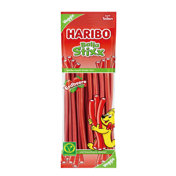 Haribo Balla Stixx strawberry gummy candy in a 200g blue bag – vegan chewy red candy sticks with sweet strawberry flavor from Germany