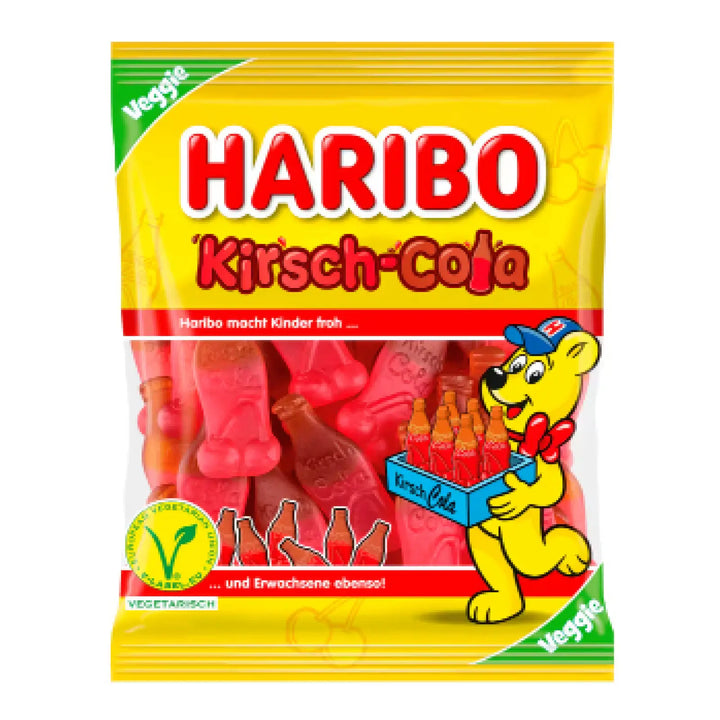 Haribo Cherry Cola vegan gummy candy in a 175g bag – fizzy cherry cola-flavored gummy bottles, made in Germany