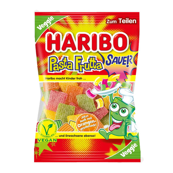 Haribo Pasta Frutta extra sour vegan fruit gummy candy in a colorful bag – wide fruit-flavored sour strips coated with tangy sugar, made in Germany