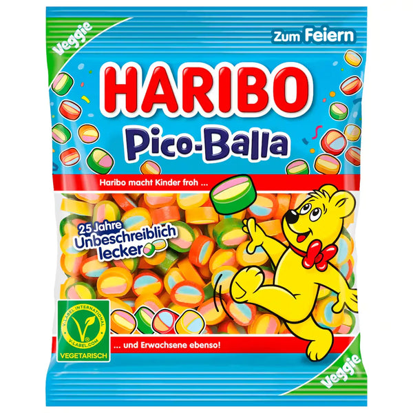 Haribo Pico Balla vegan gummy candy in a 160g bag – colorful fruit-flavored chewy gummies with soft fruity filling, made in Germany
