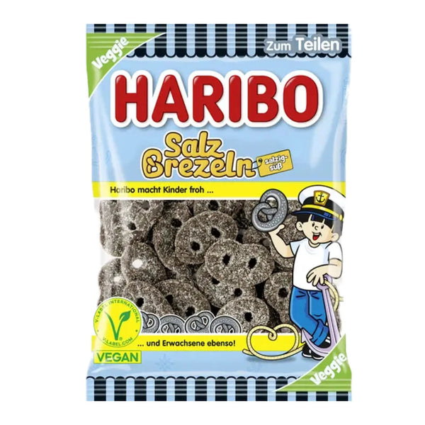 Haribo Salty Pretzels vegan liquorice candy in a 175g bag – salty pretzel-shaped black gummies with intense licorice flavor from Germany