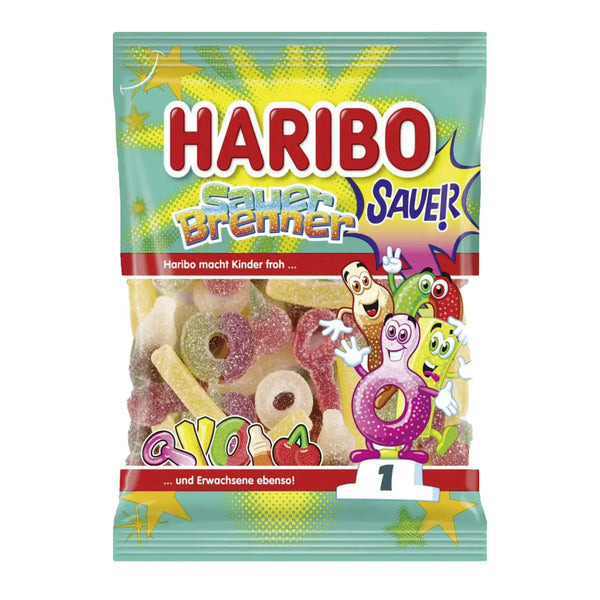 Haribo Sour Burner sour fruit gummy candy in a fiery themed bag – extra sour chewy gummies in assorted fruit flavors, made in Germany