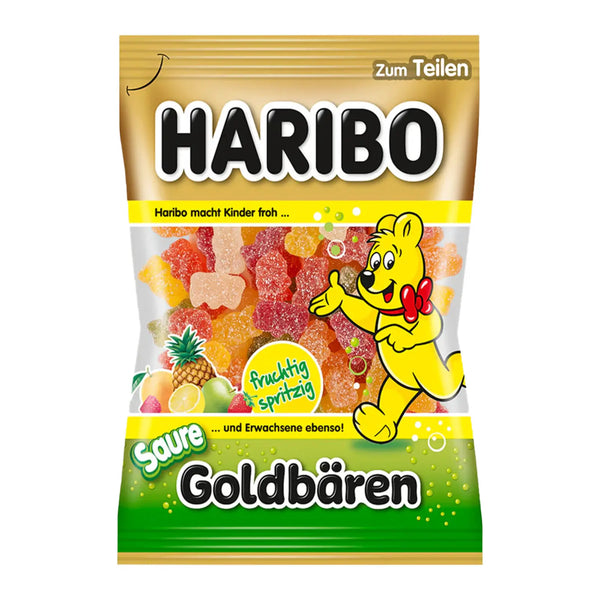 Haribo Sour Goldbears fruit gummy candy in a 175g yellow-green bag – tangy, chewy gummy bears in assorted fruity flavors, made in Germany