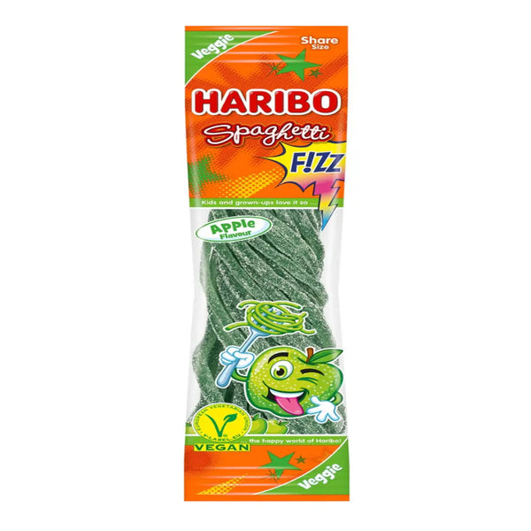 Haribo Spaghetti Apple sour gummy candy in a 200g green bag – tangy apple-flavored gummy strings with sugar coating, made in Germany