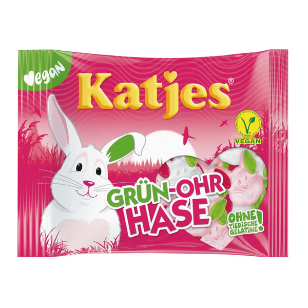 Katjes Green-Ear Bunnies Vegan 175g – German vegan gummy and marshmallow candy shaped like bunnies, with fruit flavors, gelatin-free and palm oil-free