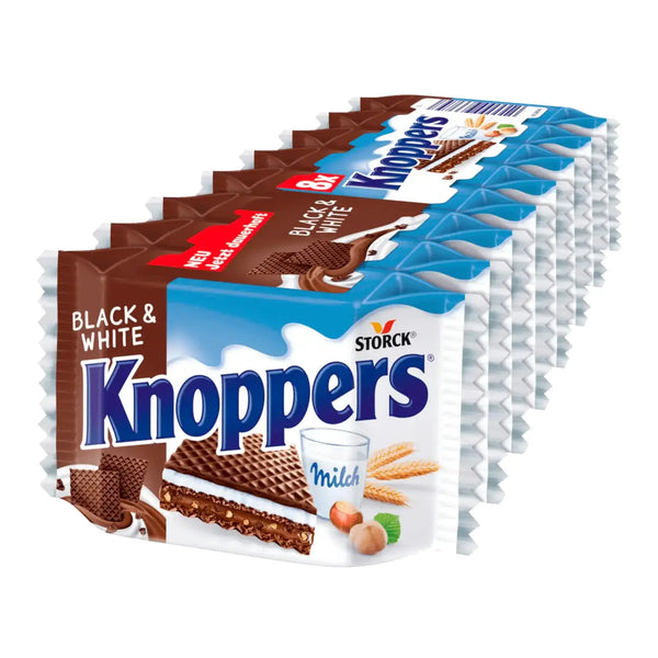 Knoppers Black & White wafer snack in a bundle of 8 x 25g – cocoa wafer layers with milk and hazelnut cream filling, made in Germany