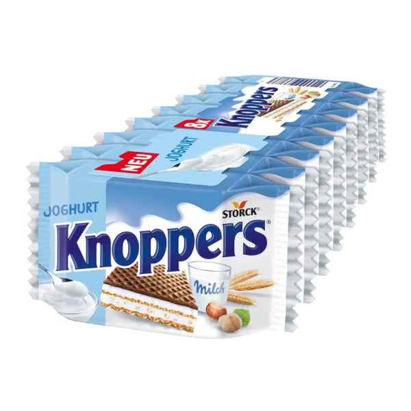 Knoppers Yoghurt Hazelnut wafer snack in a bundle pack of 8 x 25g – creamy yoghurt and hazelnut-filled German wafers, perfect for school or work snacks
