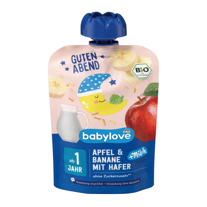 Organic Baby Pouch Oatmeal with Banana Apple Milk 100g – Evening meal pouch for babies aged 1+, with oatmeal and fruits, gentle and nutritious