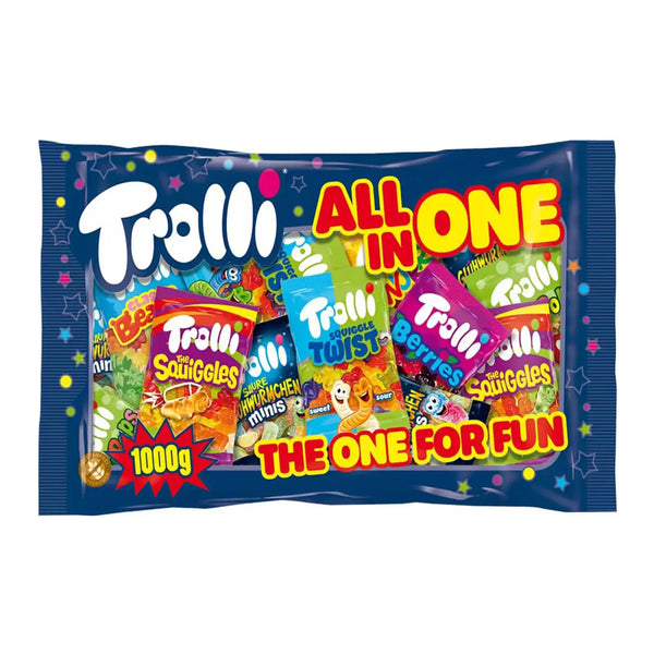 Trolli All-In-One sweets fun collection in a 1000g bag – variety of mini gummy packs with assorted fruity candies, perfect for parties, gifts, or events, made in Germany