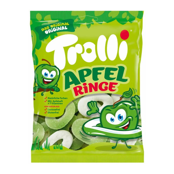 Trolli Apple Rings sour gummy candy in a 150g bag – chewy green apple-flavored ring gummies with tangy sour sugar coating, made in Germany