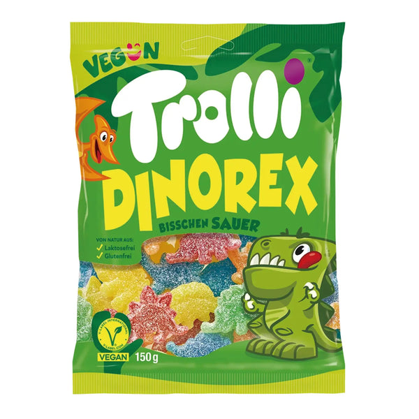 Trolli Dinorex extra sour gummy candy in a 150g bag – dinosaur-shaped fruity gummies with tangy sour coating, made in Germany