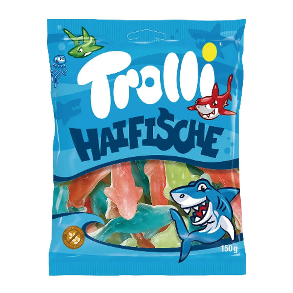 Trolli Funny Sharks gummy and marshmallow candy in a 150g bag – chewy shark-shaped gummies with soft marshmallow bottoms, fruity flavors, made in Germany