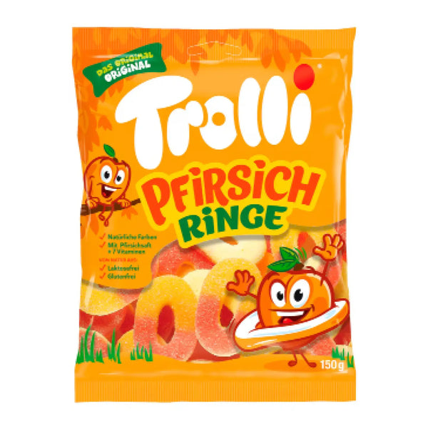 Trolli Peach Rings sour gummy candy in a 150g bag – chewy peach-flavored ring gummies with a tangy sour sugar coating, made in Germany