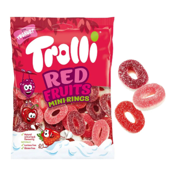 Trolli Red Fruit Mini Rings sour gummy with yoghurt in a 150g bag – fruity sour gummies in strawberry, raspberry, and cherry flavors with creamy yogurt coating, made in Germany