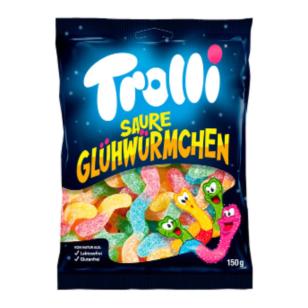 Trolli Sour Fireflies gummy candy in a 150g bag – colorful firefly-shaped fruity gummies with a tangy sour coating, made in Germany
