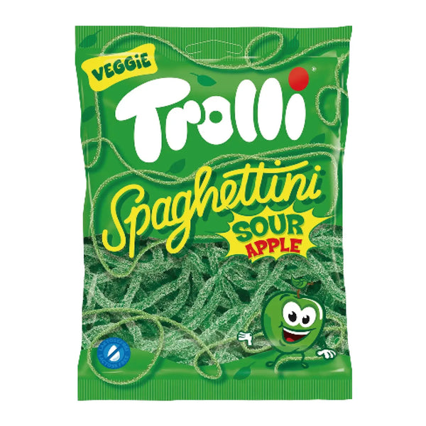 Trolli Spaghetti sour apple gummy candy in a 100g bag – vegan-friendly green apple-flavored spaghetti-style gummies with tangy sour sugar, made in Germany