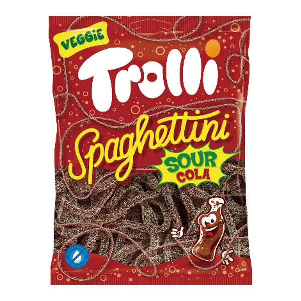 Trolli Spaghetti sour cola gummy candy in a 100g bag – vegan-friendly cola-flavored spaghetti-style gummies with tangy sour sugar coating, made in Germany