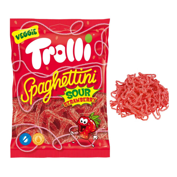Trolli Spaghetti sour strawberry gummy candy in a 100g bag – vegan-friendly chewy spaghetti-style strawberry gummies with sour sugar coating, made in Germany
